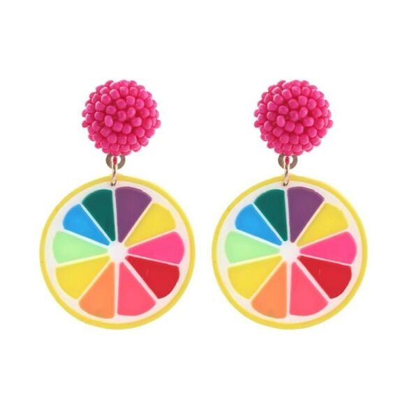 Rainbow Lemon Slice Pink Beaded Dangle Earrings - Picture 3 of 4